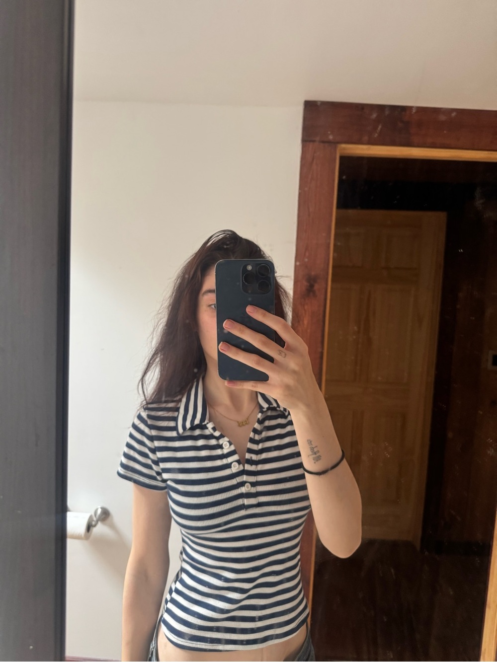 Women's Navy and White Striped Short Sleeve Polo Tee